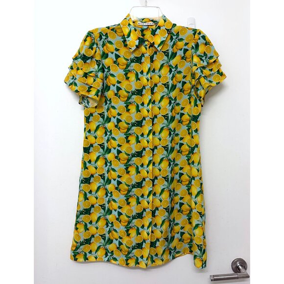 Alice + Olivia Jem Mini Shirt Dress Lemon Squeeze Print Floral Fruit Blue S - Picture 2 of 16
